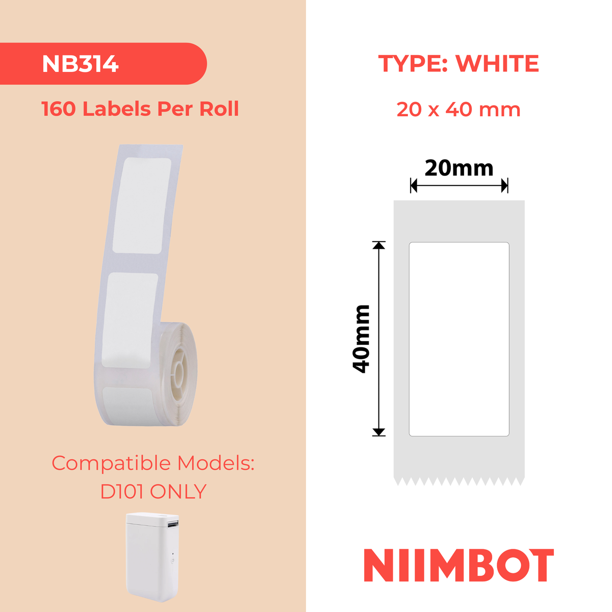 NIIMBOT - D101 Only - 20x40mm - White - 160 Labels