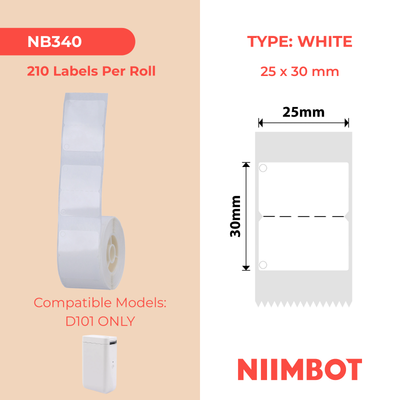 NIIMBOT - D101 Only - 25x30mm - White With Hole - 210 Labels