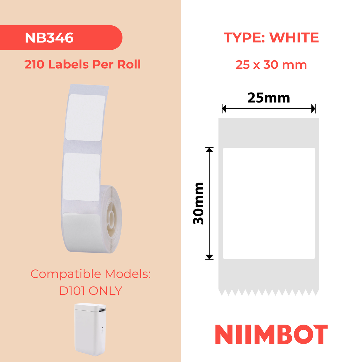 NIIMBOT - D101 Only - 25x30mm - White - 210 Labels