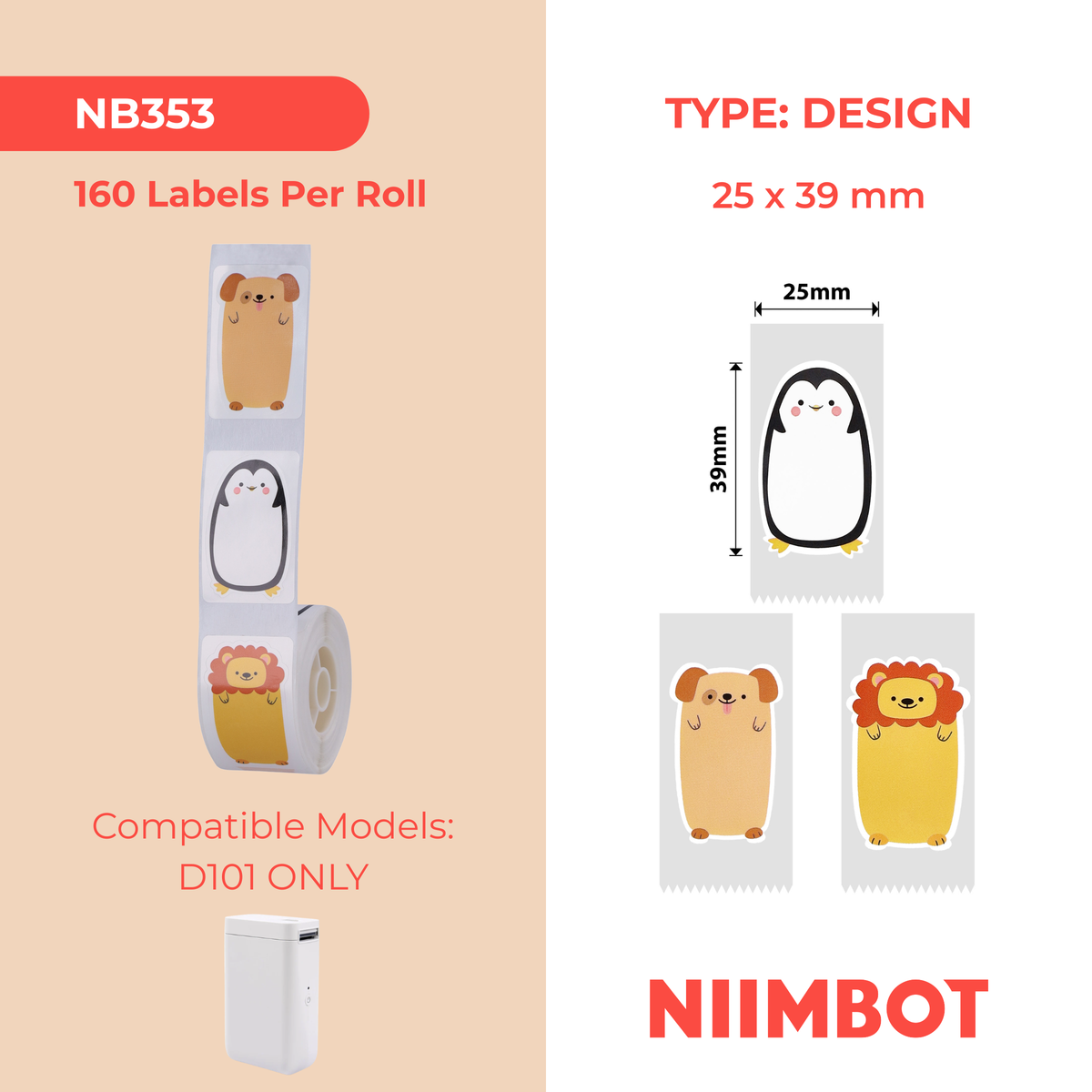 NIIMBOT - D101 Only - 25x39mm - Animals - 160 Labels