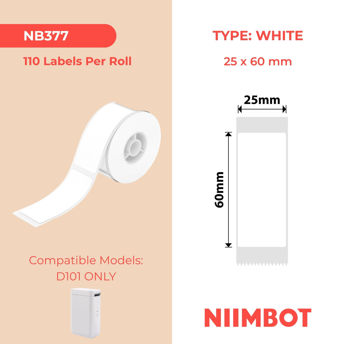 NIIMBOT - D101 Only - 25x60mm - White - 110 Labels