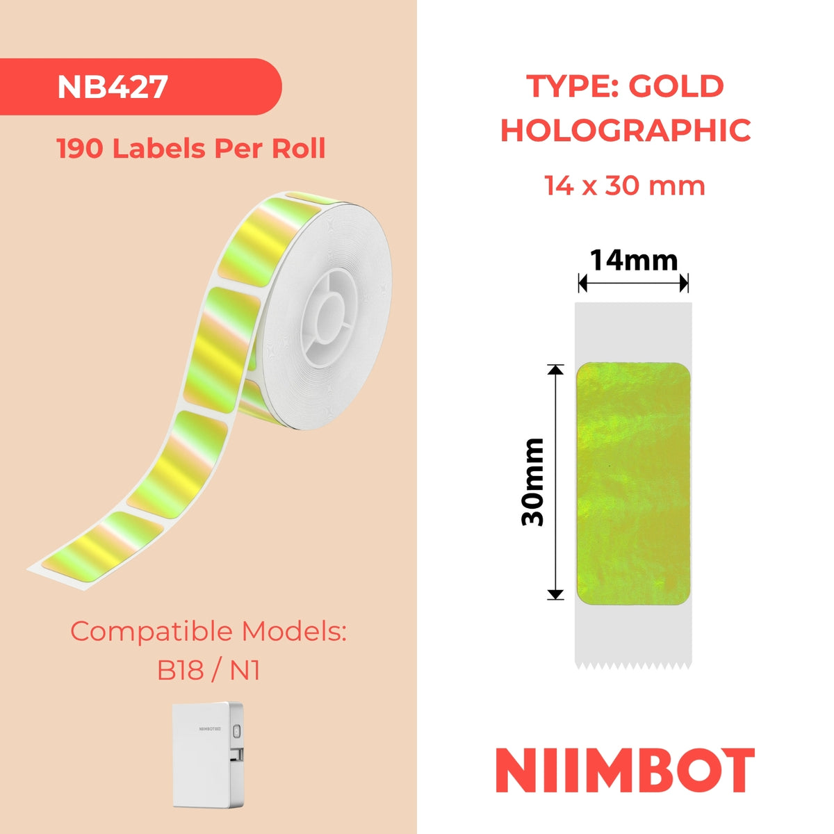 NIIMBOT - N1 - 14x30mm - Golden Hologram - 190 Labels