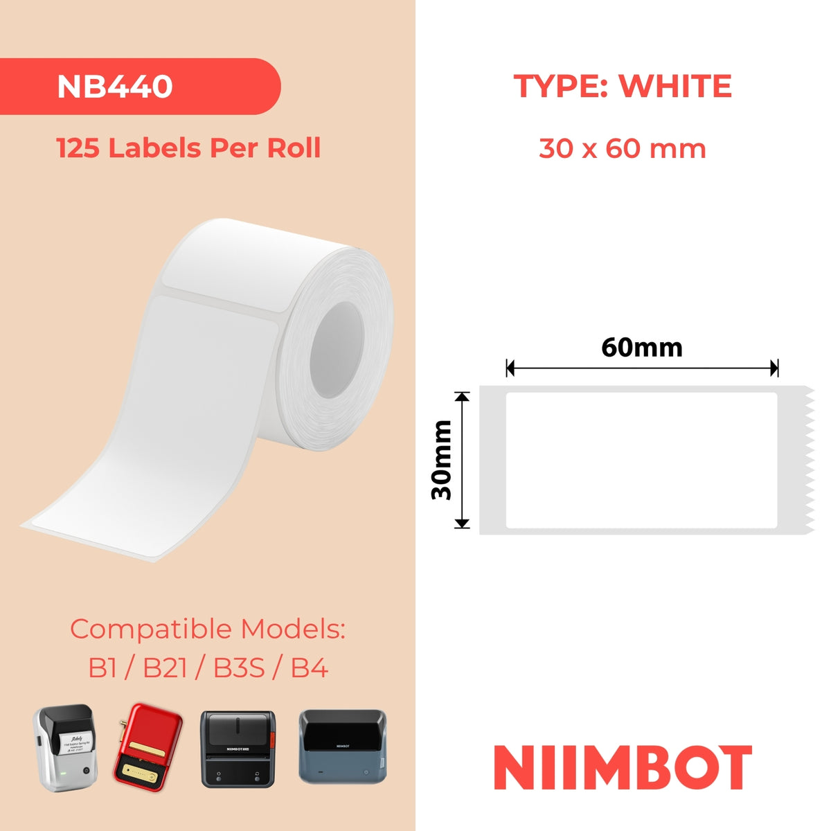 NIIMBOT - B Range - 30x60mm - White - 125 Labels
