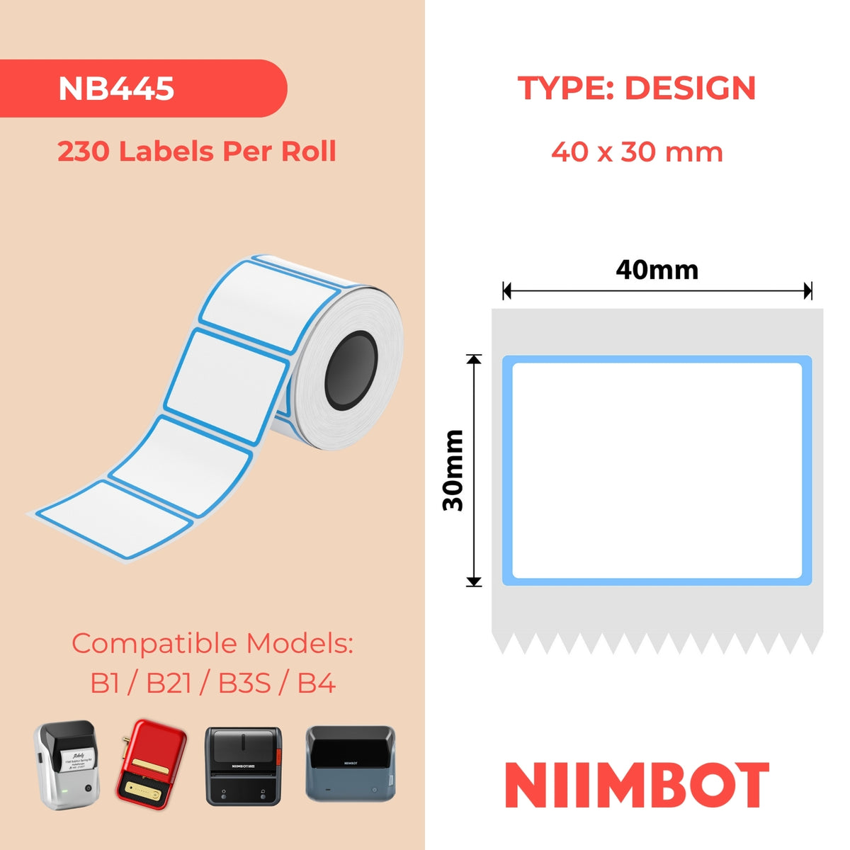 NIIMBOT - B Range - 40x30mm - Blue Frame - 230 Labels