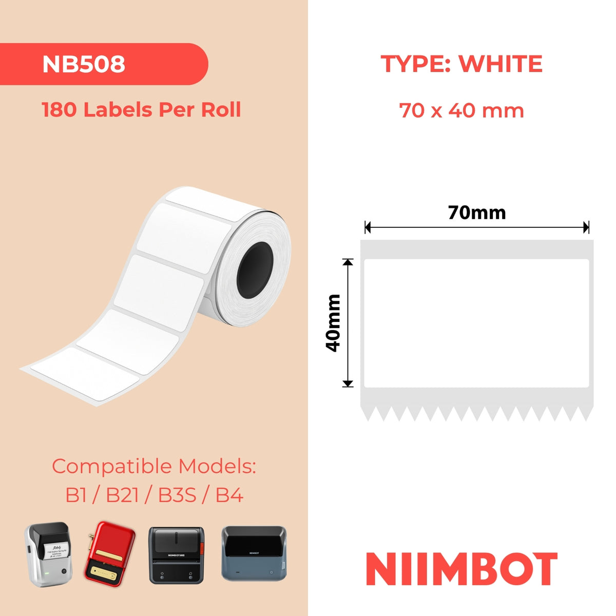 NIIMBOT - B Range - 70x40mm - White - 180 Labels