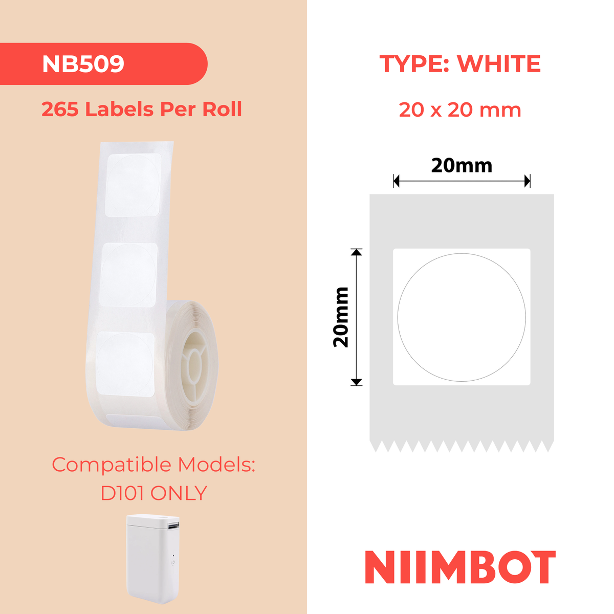 NIIMBOT - D101 Only - 20x20mm - White Round - 265 Labels