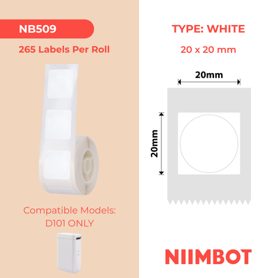 NIIMBOT - D101 Only - 20x20mm - White Round - 265 Labels