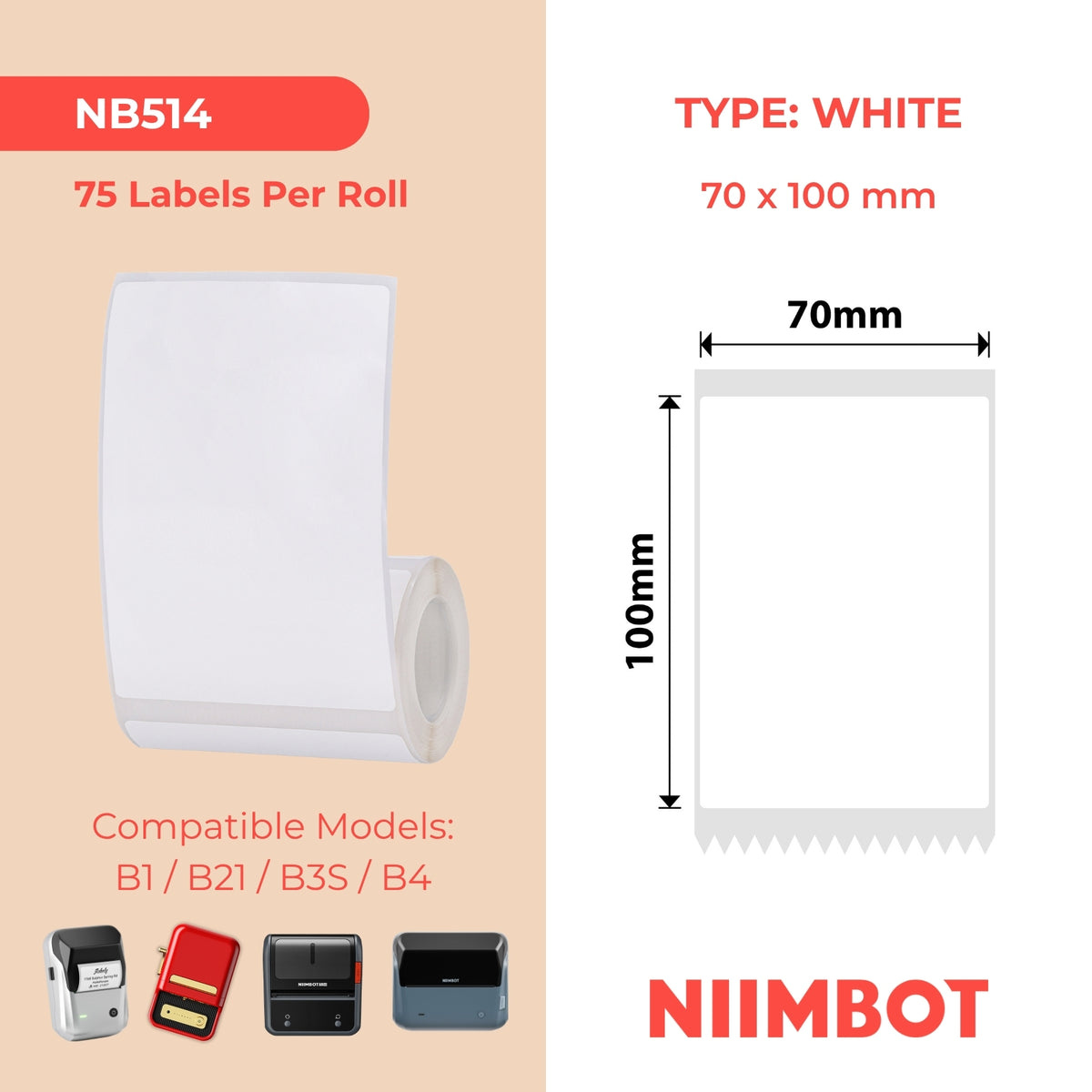 NIIMBOT - B Range - 70x100mm - White - 75 Labels