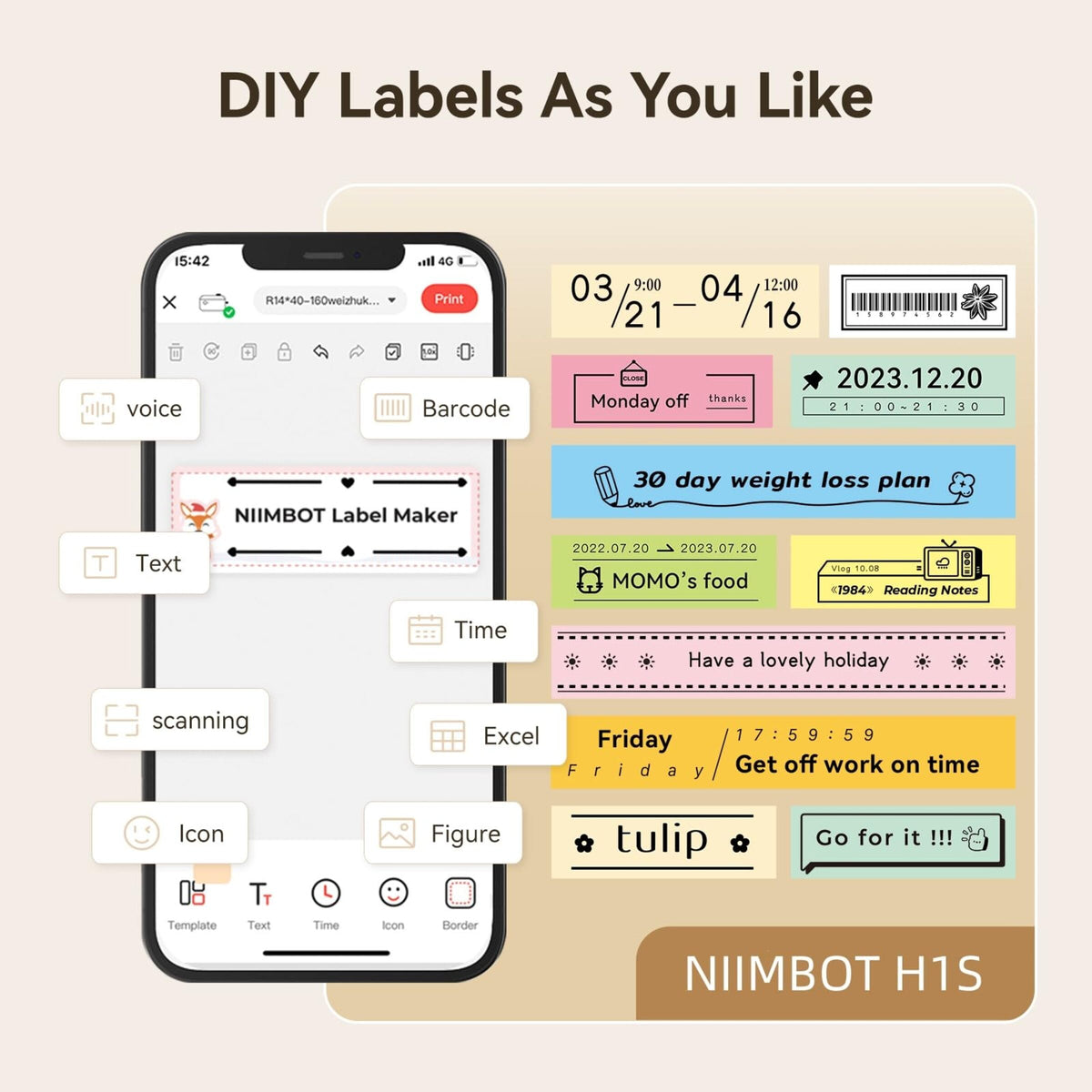 NIIMBOT - H1S Bluetooth Label Printer Incl Label Roll - Cream