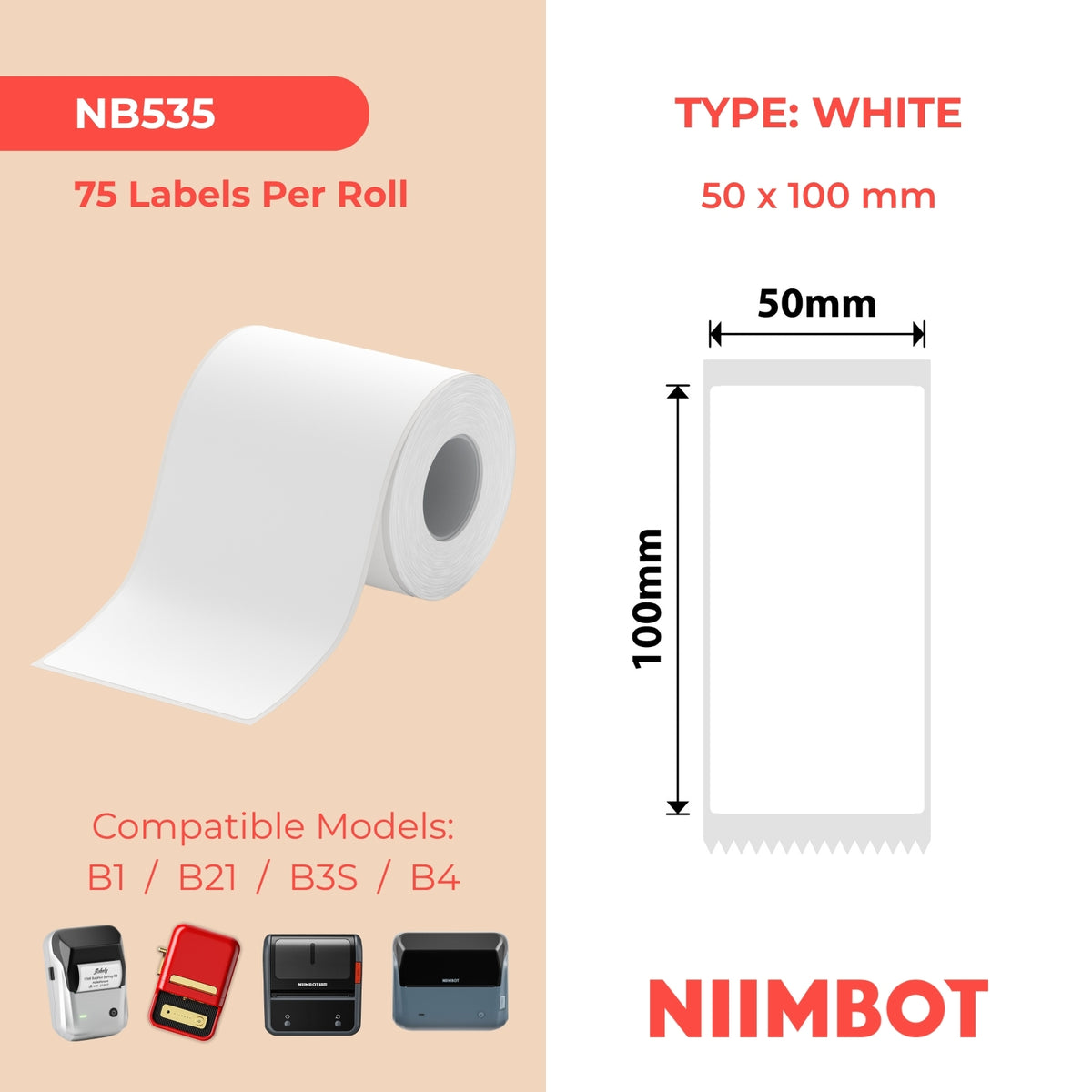 NIIMBOT - B Range - 50x100mm - White - 75 Labels