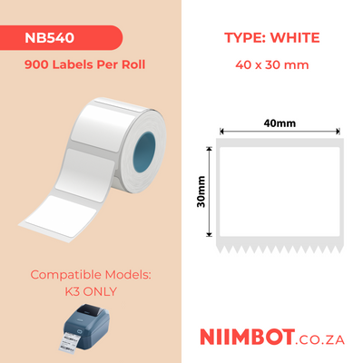 NIIMBOT - K Range - 40x30mm - White - 900 Labels