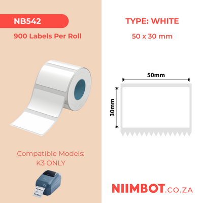 NIIMBOT - K Range - 50x30mm - White - 900 Labels