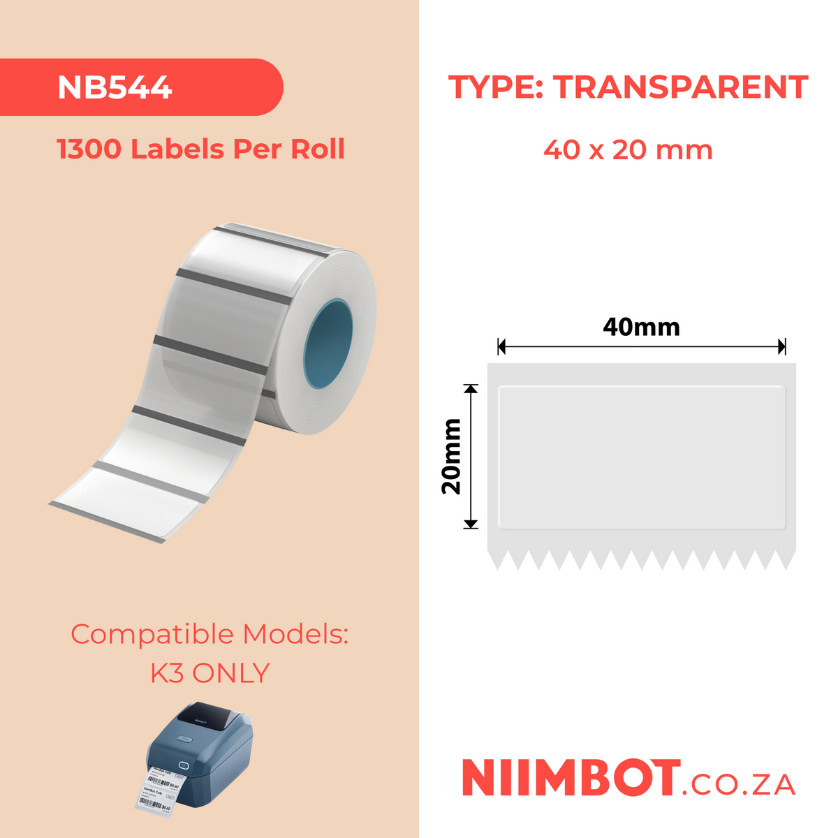 NIIMBOT - K Range - 40x20mm - Transparent - 1,300 Labels