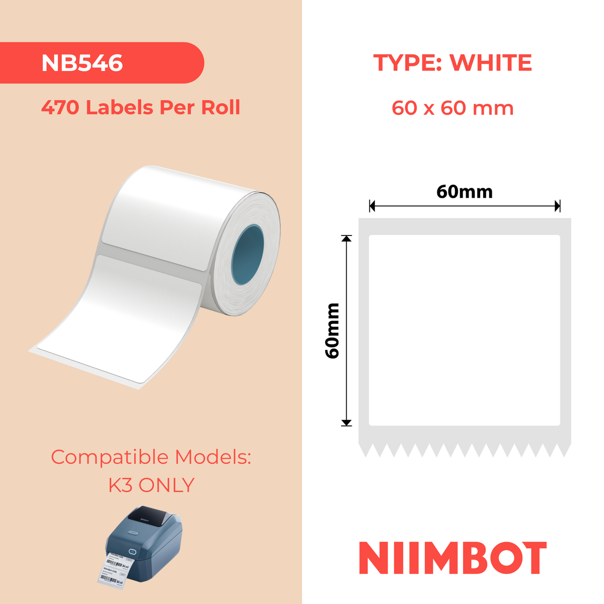 NIIMBOT - K Range - 60x60mm - White - 470 Labels