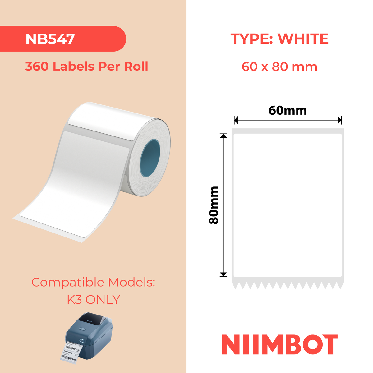 NIIMBOT - K Range - 60x80mm - White - 360 Labels