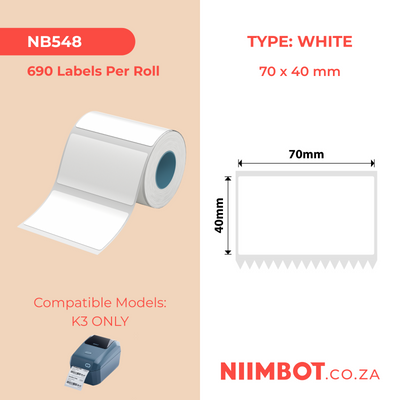 NIIMBOT - K3 Only - 70x40mm - White - 690 Labels