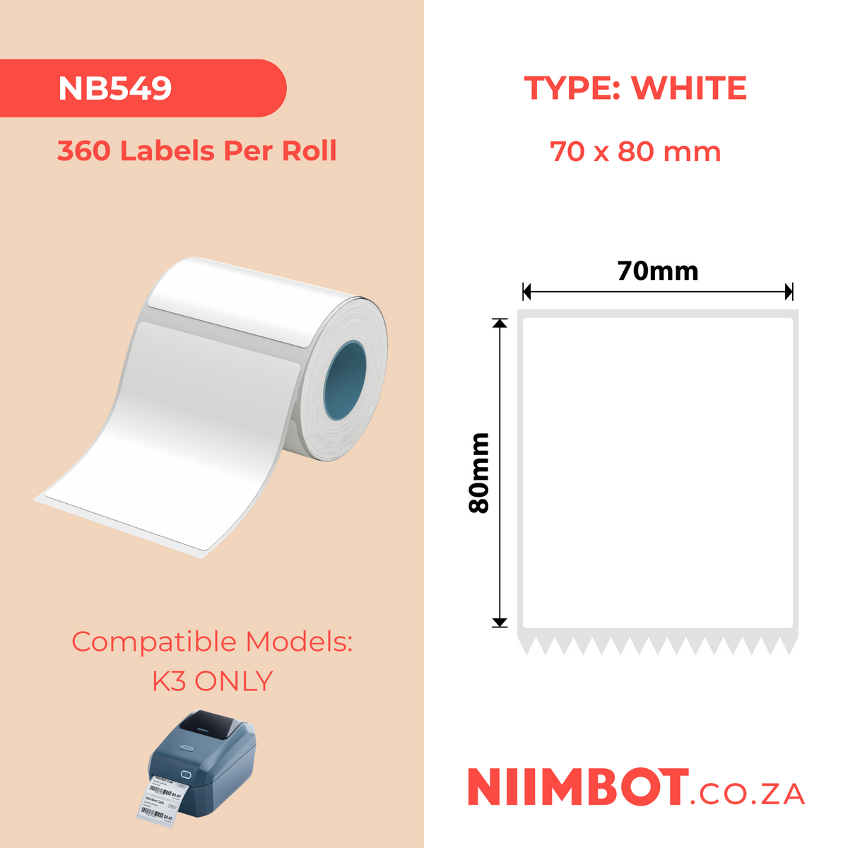 NIIMBOT - K3 Only - 70x80mm - White - 360 Labels