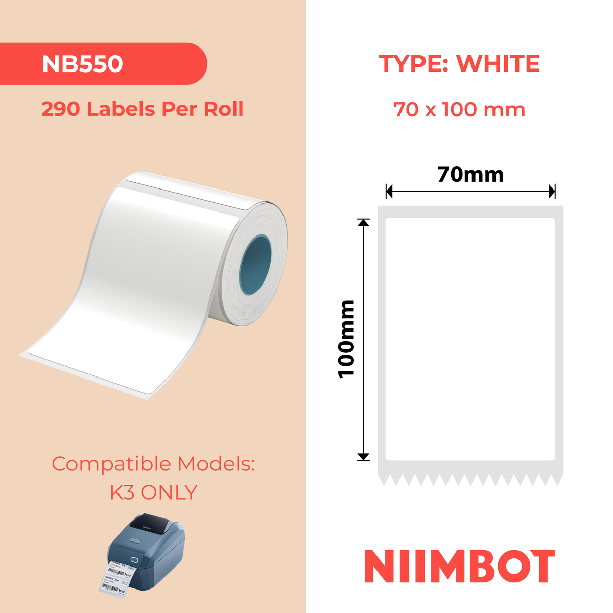 NIIMBOT - K3 Only - 70x100mm - White - 290 Labels