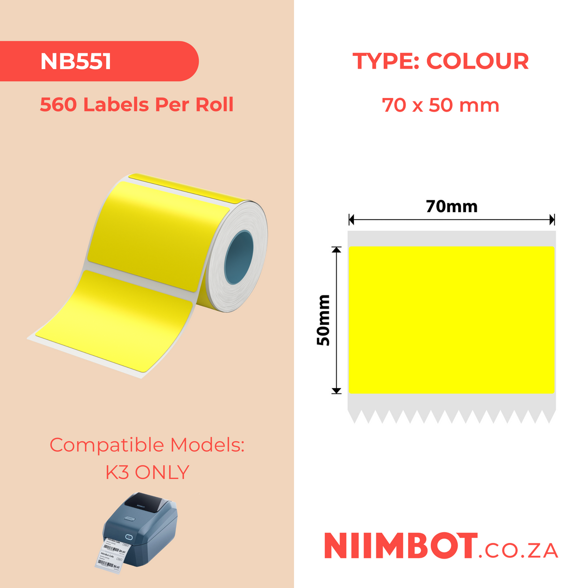 NIIMBOT - K3 Only - 70x50mm - Yellow - 560 Labels