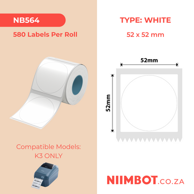 NIIMBOT - K3 Only - 52x52mm - White Round - 580 Labels