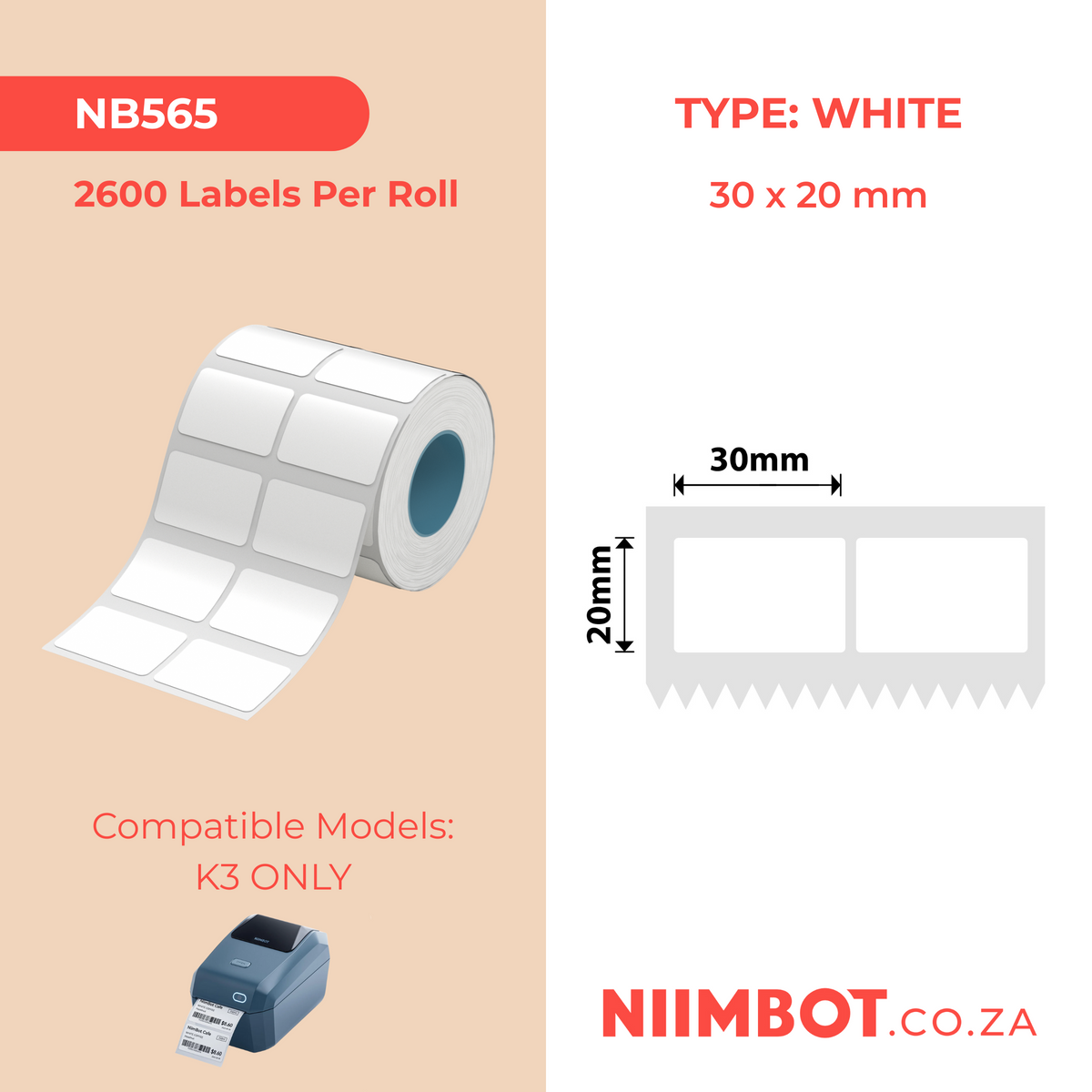 NIIMBOT - K3 Only - 30x20mm/2L - White - 2,600 Labels
