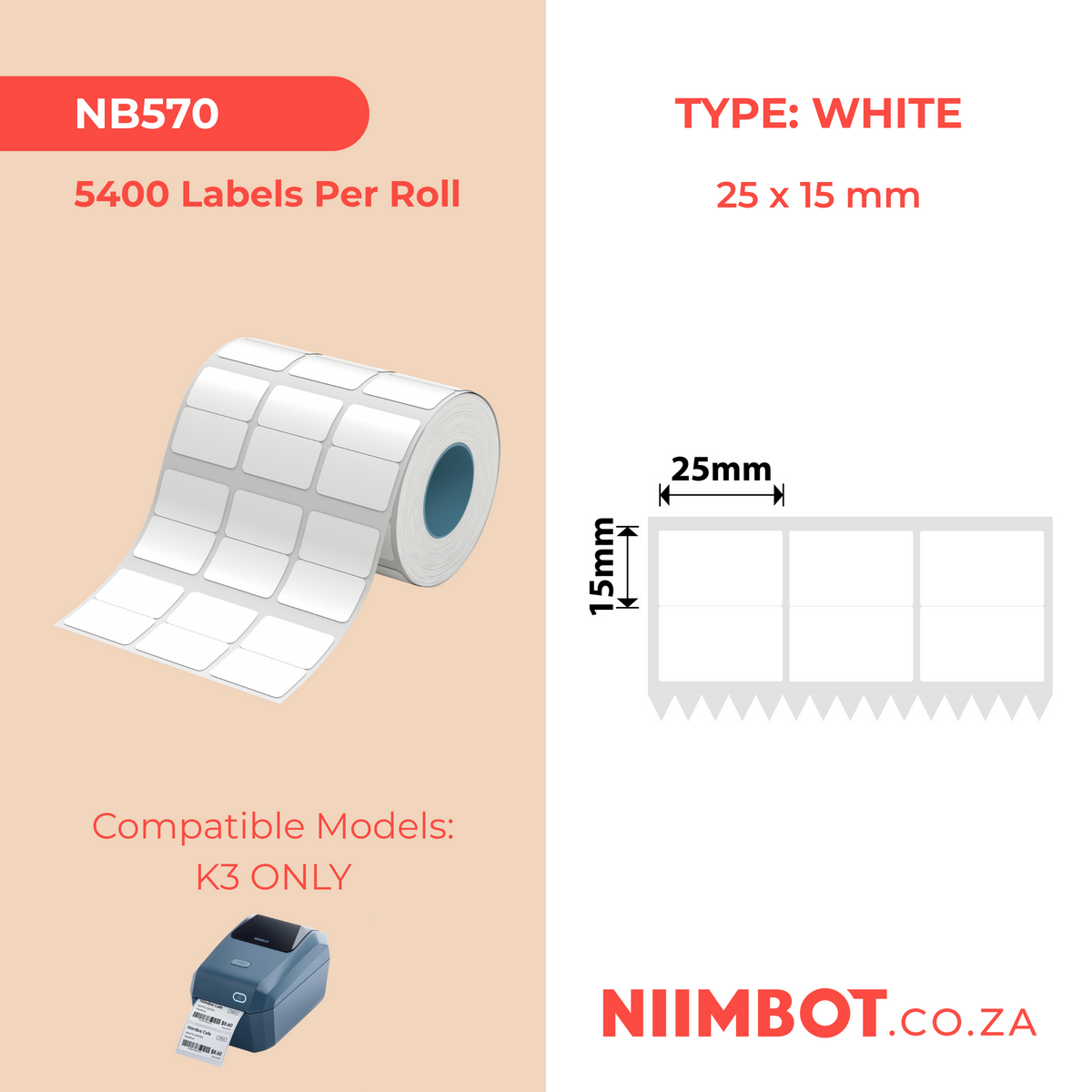 NIIMBOT - K3 Only - 25x15mm/3L2R - White - 5,400 Labels