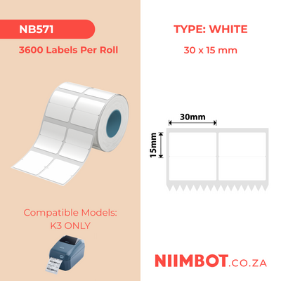 NIIMBOT - K3 Only - 30x15mm/2L2R - White - 3,600 Labels