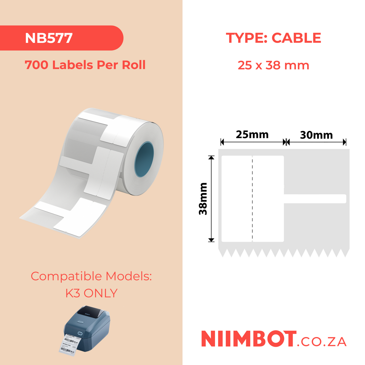 NIIMBOT - K Range - 25x38+30mm - White Cable - 700 Labels
