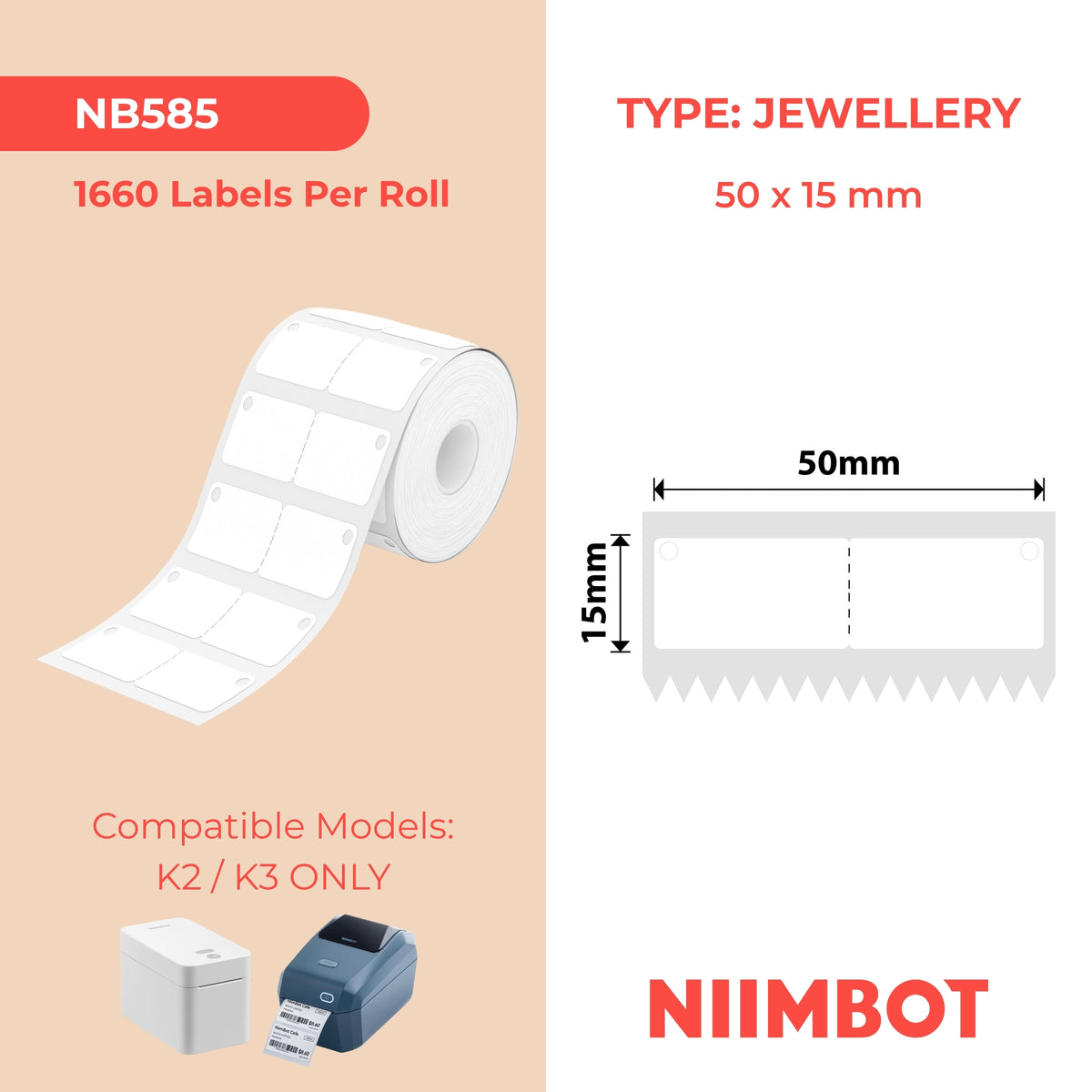 NIIMBOT - K3 Only - 50x15mm - White Jewelry With Hole - 1,660 Labels