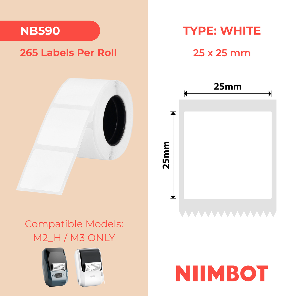 NIIMBOT - M Range - 25x25mm - White PET - 265 Labels