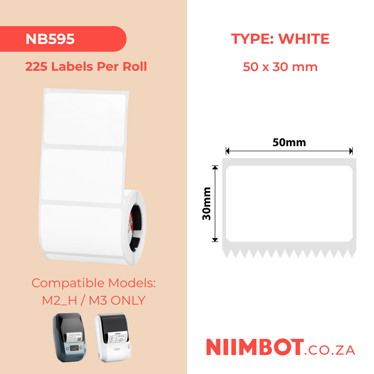 NIIMBOT - M Range - 50x30mm - White PET - 225 Labels