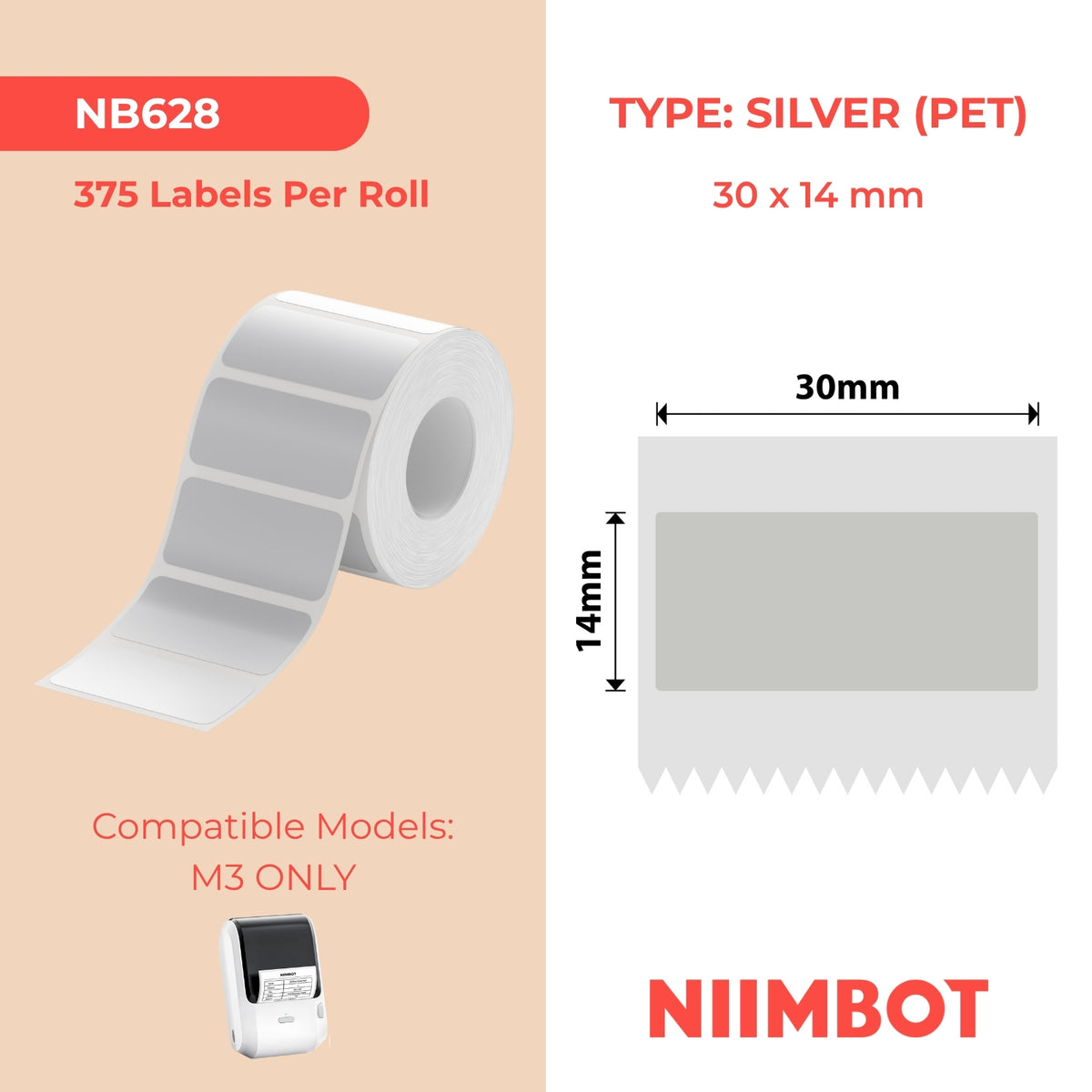 NIIMBOT - M Range - 30x14mm - Matte Silver - 375 Labels