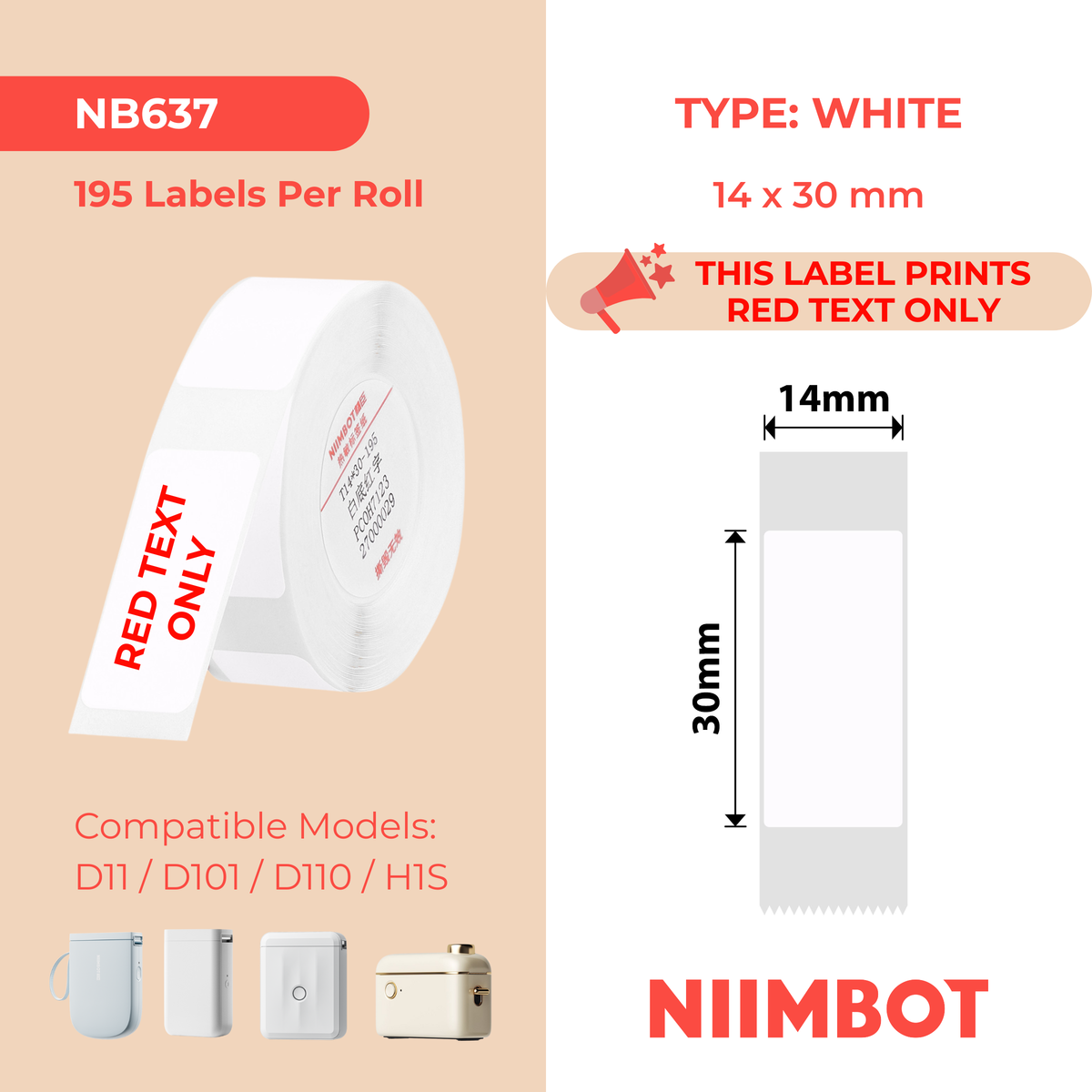 NIIMBOT - D Range - 14x30mm - White Red Text - 195 Labels