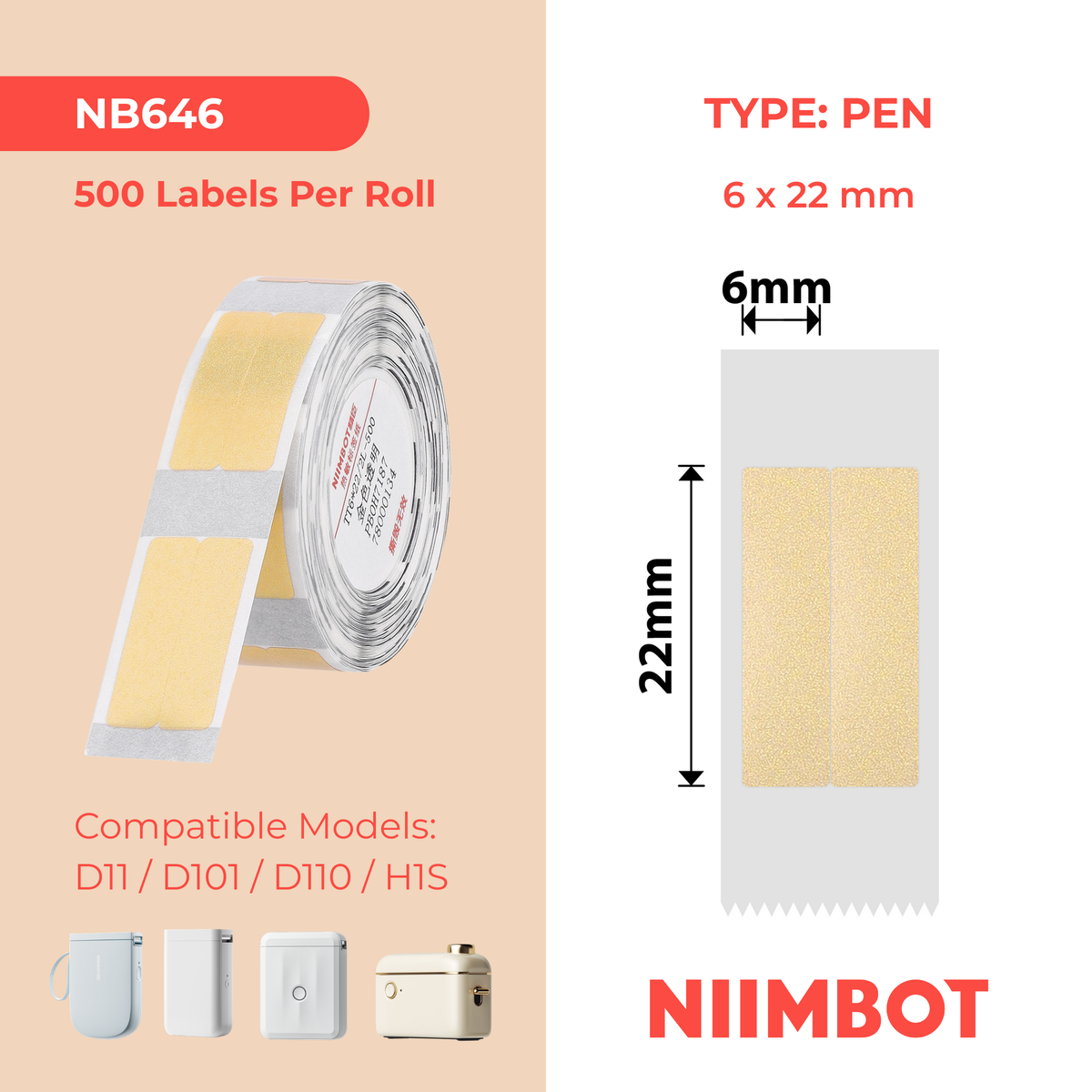 NIIMBOT - D Range - 6x22mm/2L - Gold Transparent Vertical Pen - Stationary - 500 Labels