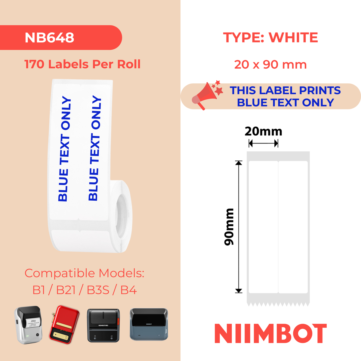 NIIMBOT - B Range - 20x90mm/2L - White Blue Text - 170 Labels
