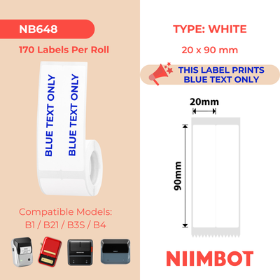NIIMBOT - B Range - 20x90mm/2L - White Blue Text - 170 Labels