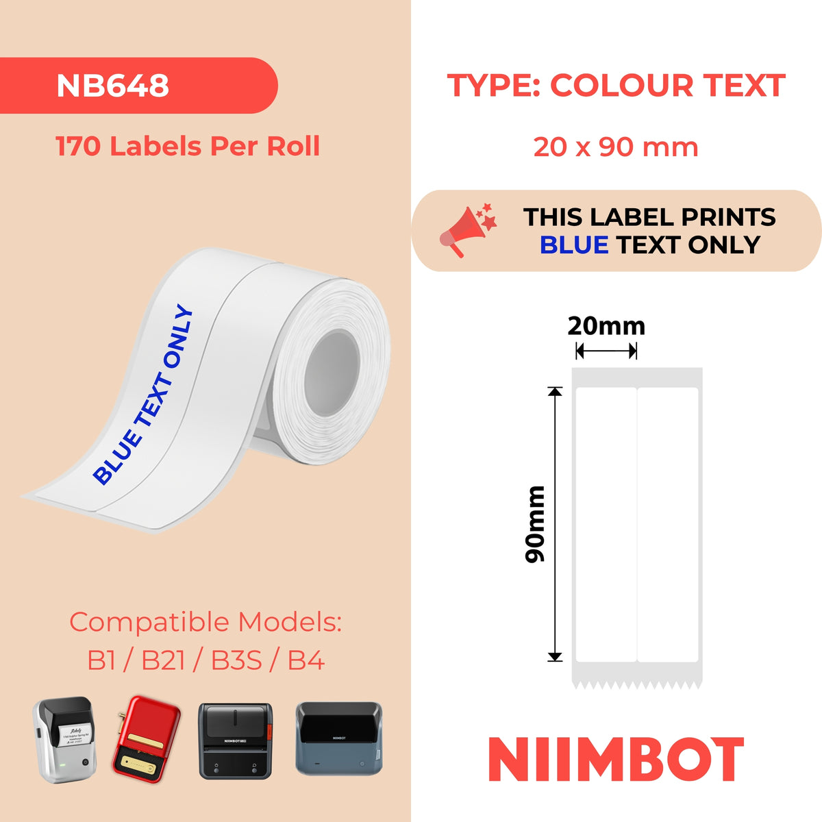 NIIMBOT - B Range - 20x90mm/2L - White Blue Text - 170 Labels
