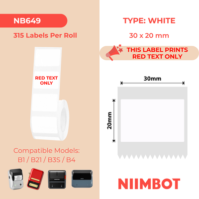 NIIMBOT - B Range - 30x20mm - White Red Text Only - 315 Labels