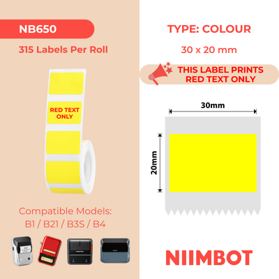 NIIMBOT - B Range - 30x20mm - Yellow Red Text Only - 315 Labels