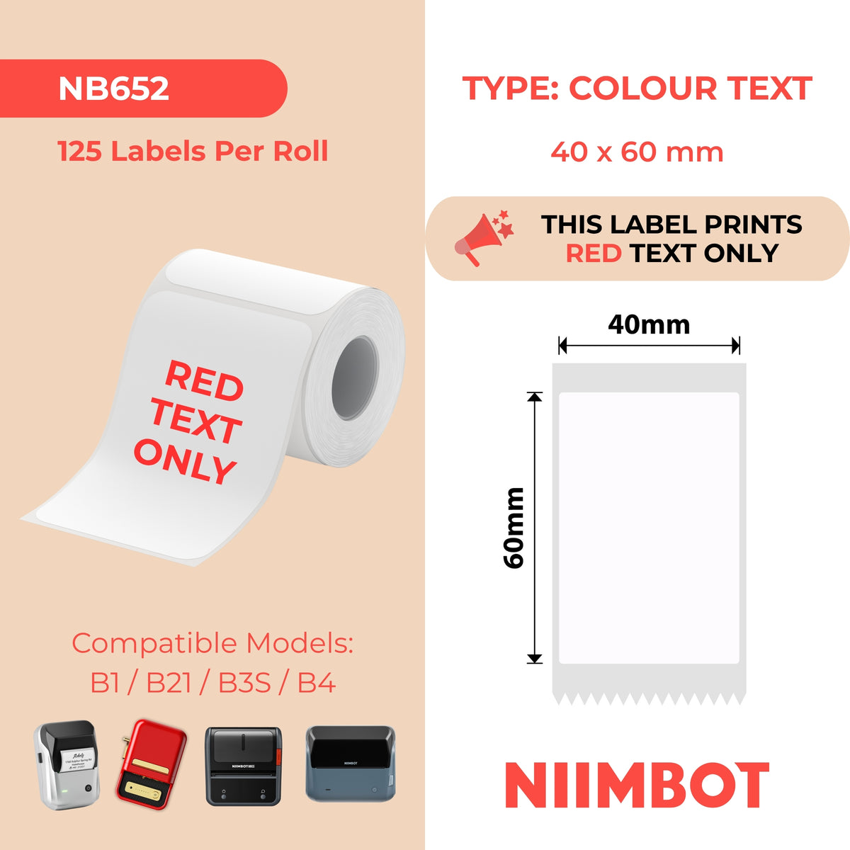 NIIMBOT - B Range - 40x60mm - White Red Text - 125 Labels