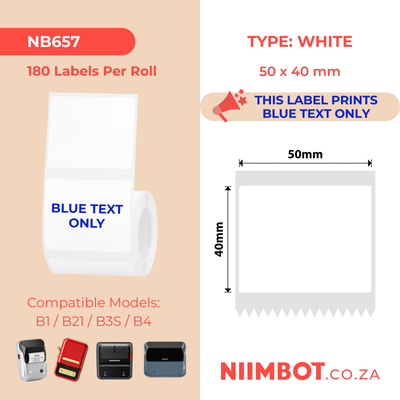 NIIMBOT - B Range - 50x40mm - White Blue Text Only - 180 Labels