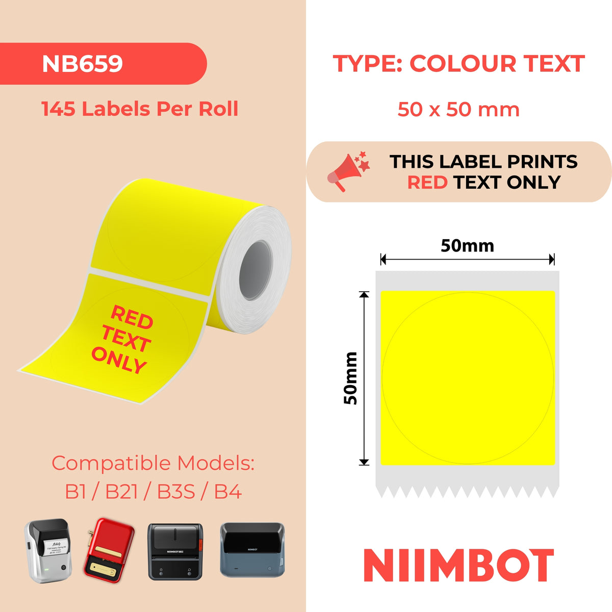 NIIMBOT - B Range - 50x50mm - Yellow Round Red Text Only - 145 Labels