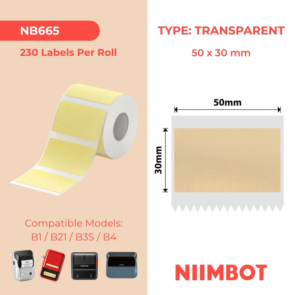 NIIMBOT - B Range - 50x30mm - Gold Transparent - 230 Labels