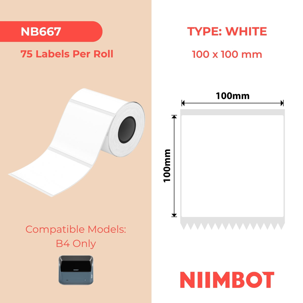 NIIMBOT - B4 Only - 100x100mm - White - 75 Labels