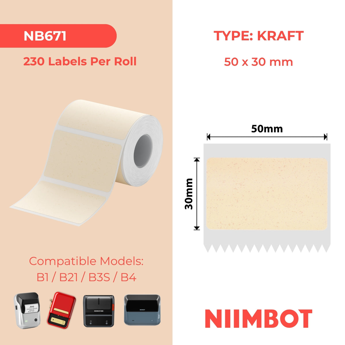 NIIMBOT - B Range - 50x30mm - Kraft - 230 Labels