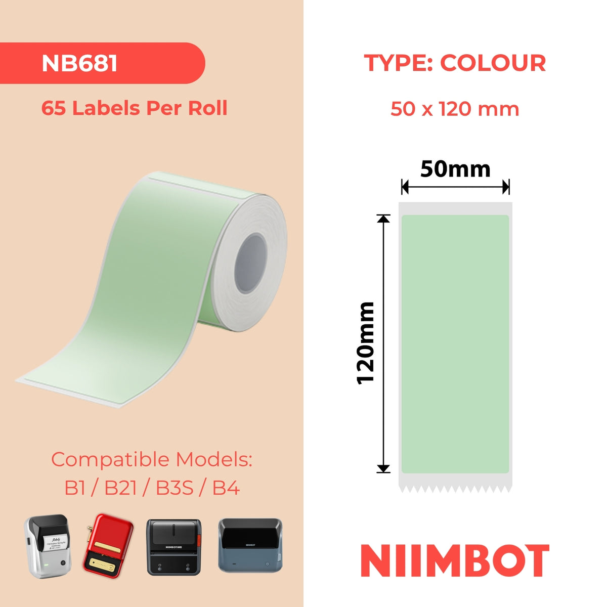 NIIMBOT - B Range - 50x120mm - Light Green - 65 Labels