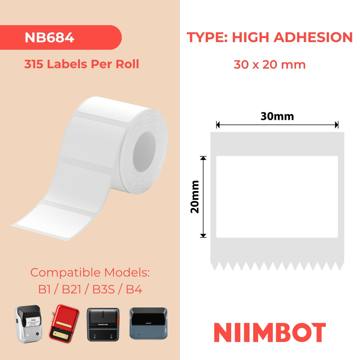 NIIMBOT - B Range - 30x20mm - White Extra Strong Adhesive - 315 Labels