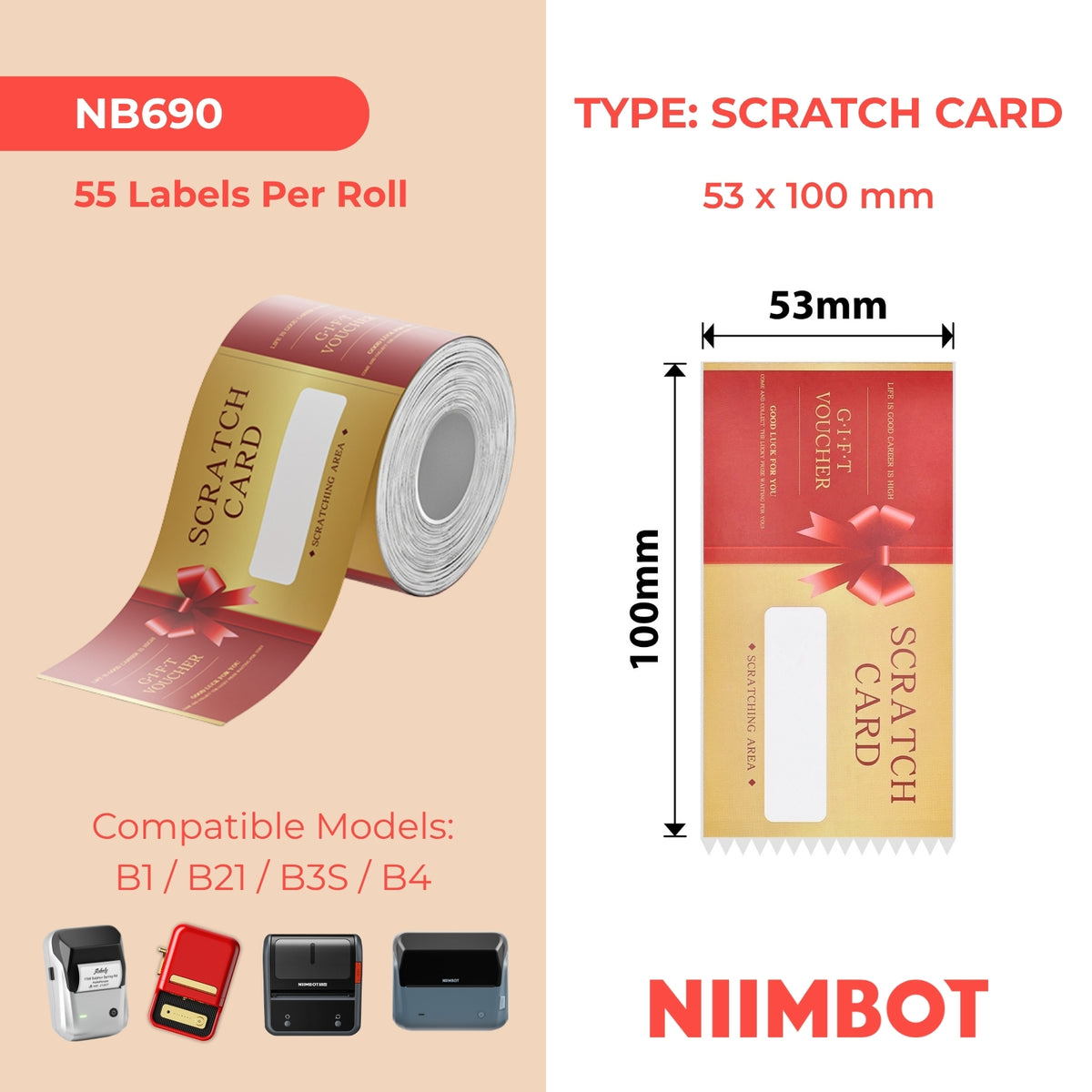 NIIMBOT - B Range - 53x100mm - Gift Scratch Card - 55 Labels
