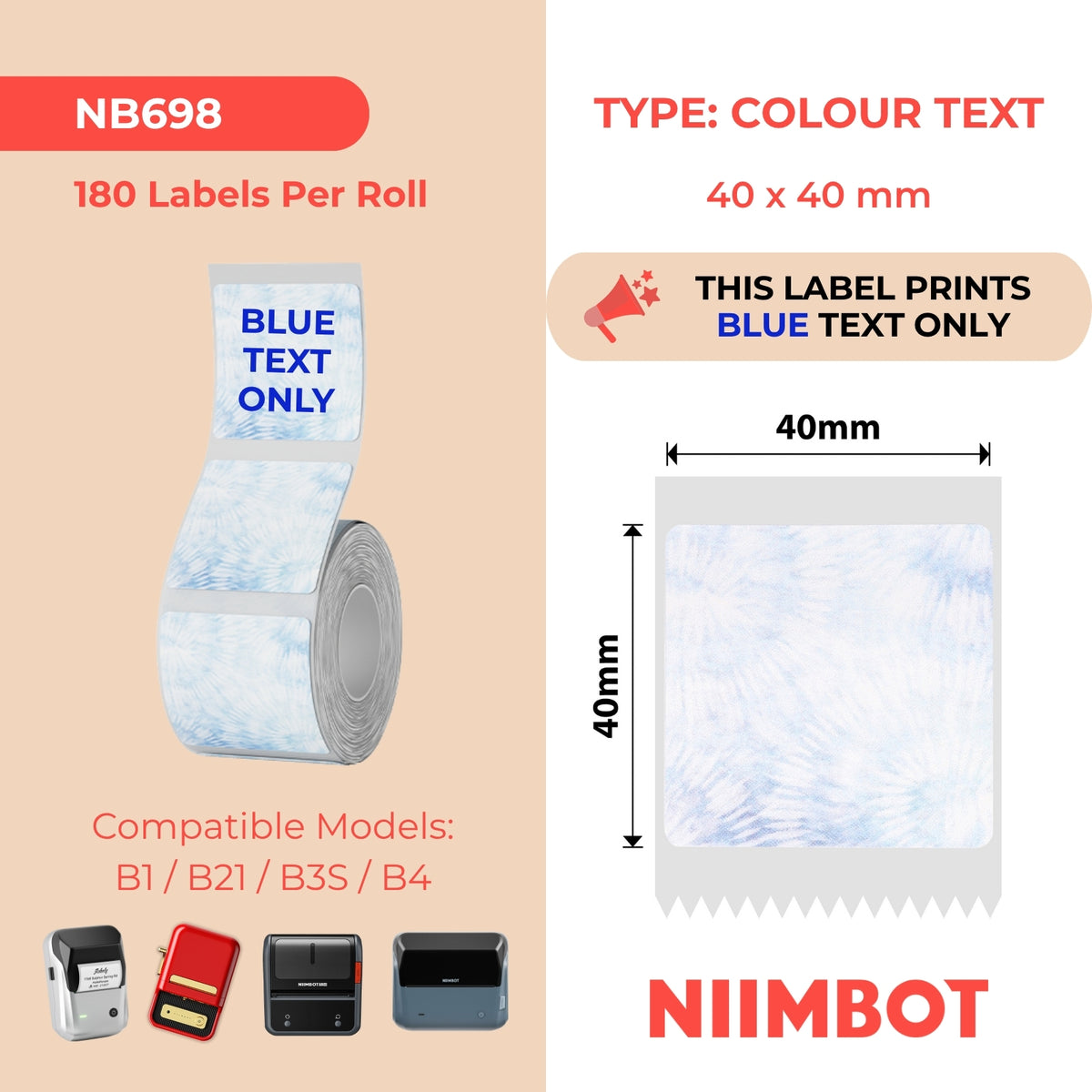 NIIMBOT - B Range - 40x40mm - Blue Text Journal Style - 180 Labels