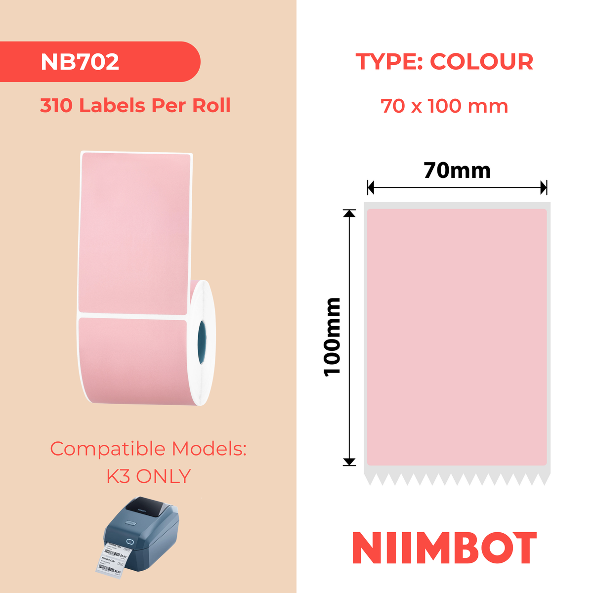 NIIMBOT - K3 Only - 70x100mm - Pink - 310 Labels